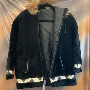 Vintage 1960’s Alaskan Eskimo Fur‎ Hooded Jacket with Geometric leather
